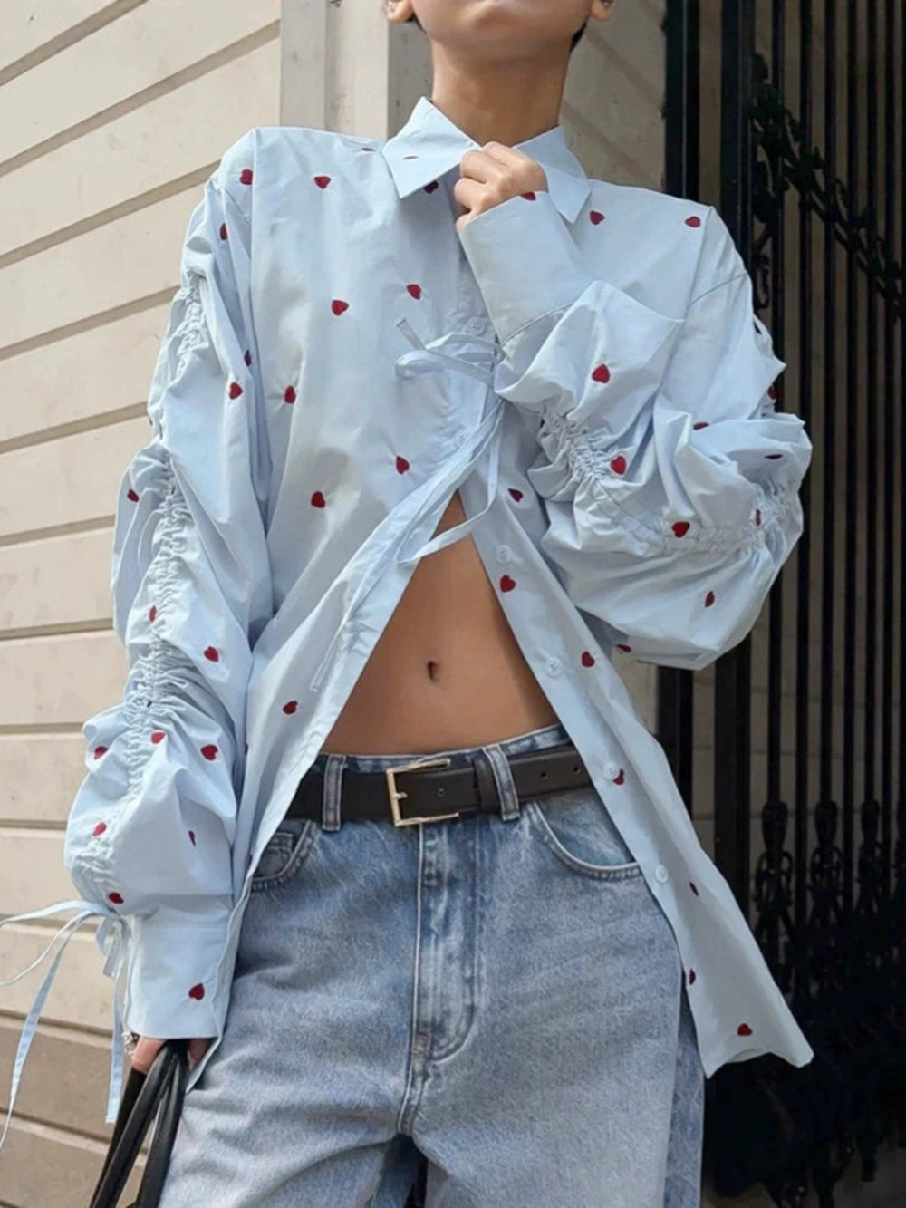Forever 21 Russian Heart Print Turn Down Collar Blouse Autumn Design Shirring